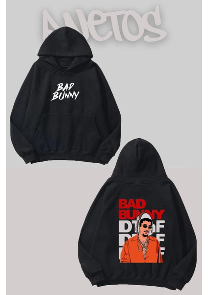 Bad Bunny 4 Tasarım Siyah Ön Arka Baskılı Sweatshirt