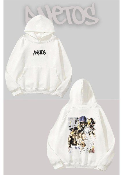 50 Cent Sırt Baskılı Beyaz Kapüşonlu Sweatshirt