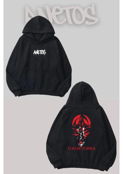 Itachi Uchiha Anime Sırt Baskılı Siyah Kapüşonlu Sweatshirt