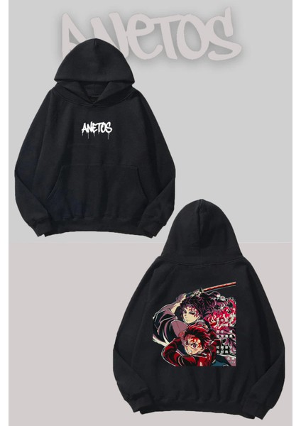 Tanjiro Anime Karakterleri Sırt Baskılı Siyah Kapüşonlu Sweatshirt