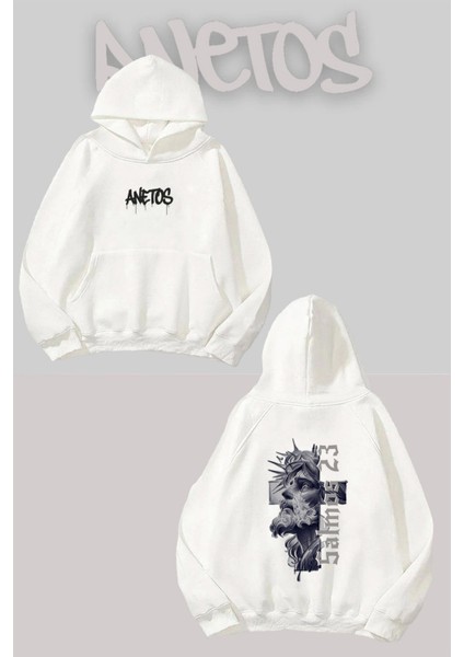 Salmos 23 Sırt Baskılı Beyaz Kapüşonlu Sweatshirt