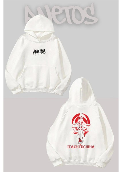 Itachi Uchiha Anime Sırt Baskılı Beyaz Kapüşonlu Sweatshirt