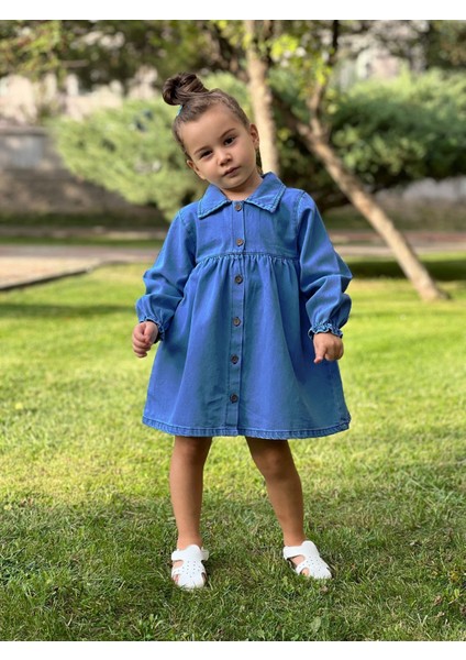 Kız Çocuk Gömlek Yaka Detay Önü Düğmeli Robalı Kot Elbise