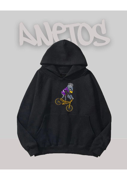 Bıking Bird Tasarım Siyah Ön Baskılı Sweatshirt