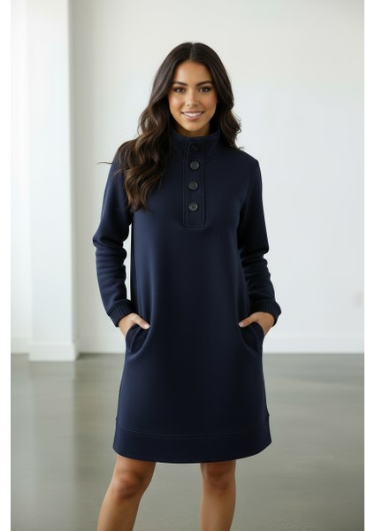 Üç Iplik Şardonlu Oversize Düğmeli Penye Elbise