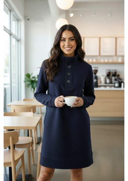 Üç Iplik Şardonlu Oversize Düğmeli Penye Elbise modelleri