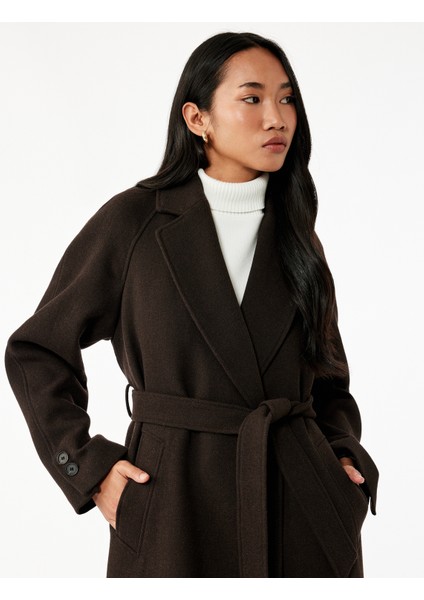 Uzun Kollu Kemerli Cepli Kruvaze Uzun Kaşe Kaban