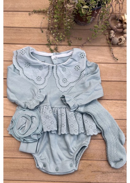 Mammaso Kız Bebek Fistolu 3 Parça Romper Çoraplı Bandanalı Yenidoğan Tulum Body - Mint fiyatları