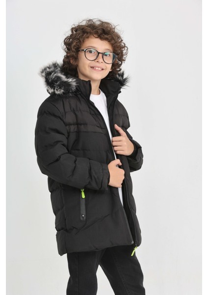 Erkek Çocuk Gri Kalın Su Itici Kürklü Kapüşonlu Kışlık Mont Kalıp, Cepli, Sıcak Tutan Şık Kaban