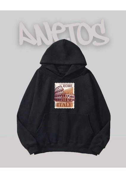 Roma 1 Tasarım Siyah Ön Baskılı Sweatshirt