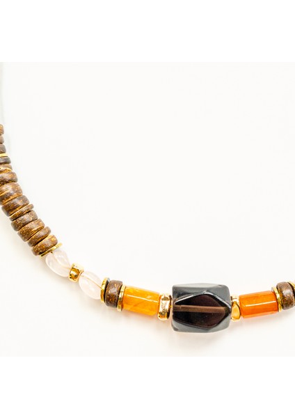 Eirene – Ud Ağacı, Dumanlı Kuvars, Pembe Kuvars, Hematit & Turuncu Akik Kolye modelleri