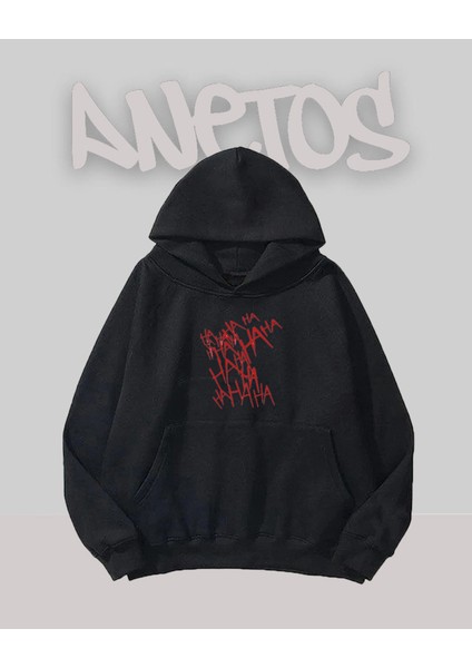 Hahahaha Tasarım Siyah Ön Baskılı Sweatshirt