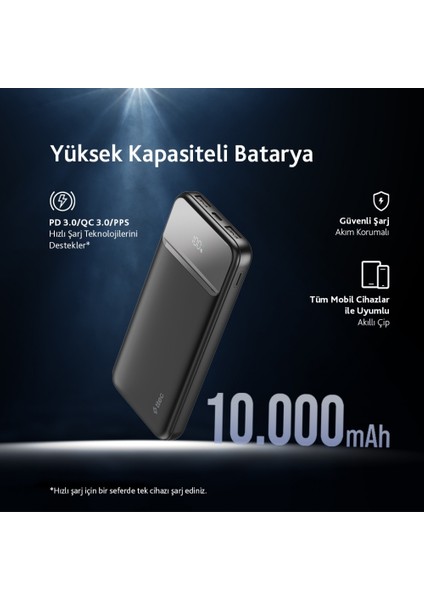 Recharger Taşınabilir Şarj Aleti, 10.000MAH Powerbank, 20W, Siyah