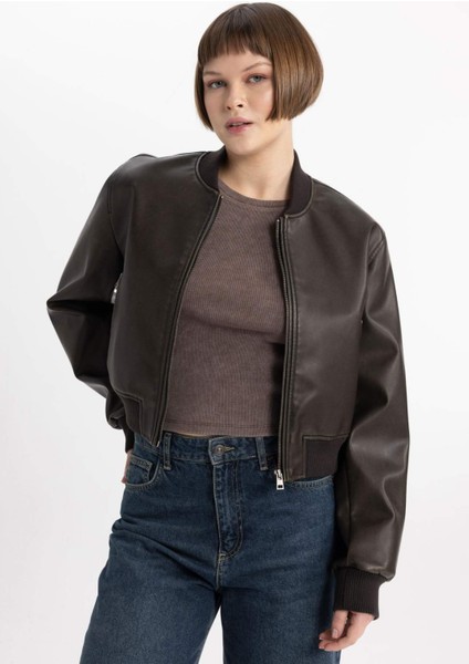 Kolej Yaka Çıtçıtlı Cepli Eskitme Suni Deri Bomber Ceket