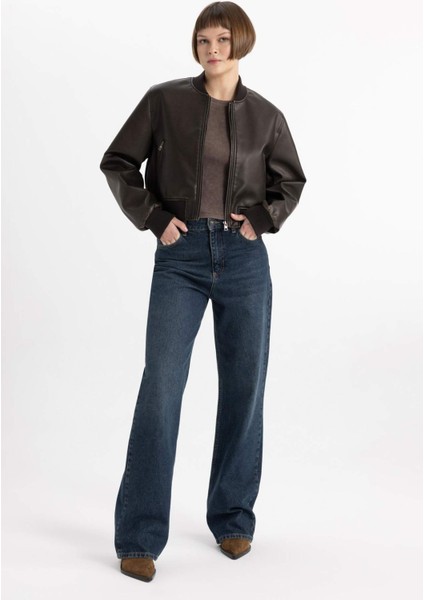 Kolej Yaka Çıtçıtlı Cepli Eskitme Suni Deri Bomber Ceket