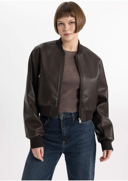 Kolej Yaka Çıtçıtlı Cepli Eskitme Suni Deri Bomber Ceket