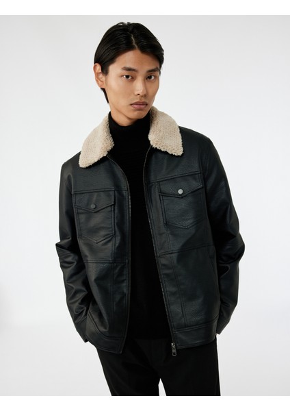 Uzun Kollu Kapaklı Cep Detaylı Slim Fit Peluş Yaka Suni Deri Ceket