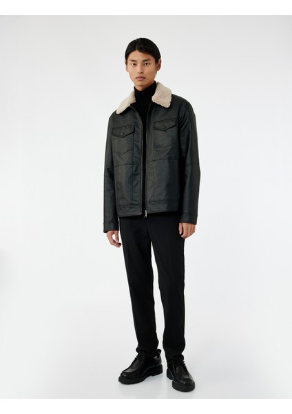 Uzun Kollu Kapaklı Cep Detaylı Slim Fit Peluş Yaka Suni Deri Ceket fiyatları