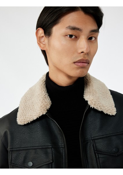 Uzun Kollu Kapaklı Cep Detaylı Slim Fit Peluş Yaka Suni Deri Ceket modelleri