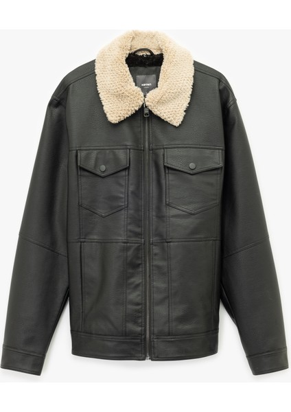 Uzun Kollu Kapaklı Cep Detaylı Slim Fit Peluş Yaka Suni Deri Ceket fırsatları