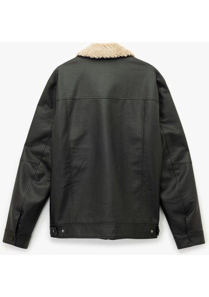 Uzun Kollu Kapaklı Cep Detaylı Slim Fit Peluş Yaka Suni Deri Ceket indirimleri