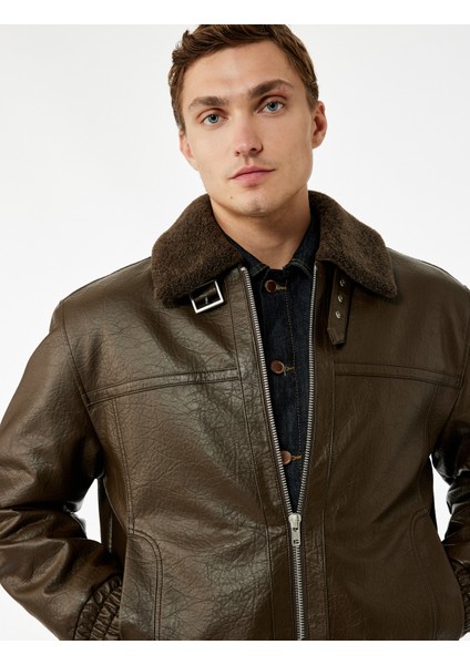 Peluş Yaka Cep Detaylı Uzun Kollu Fermuarlı Suni Deri Ceket