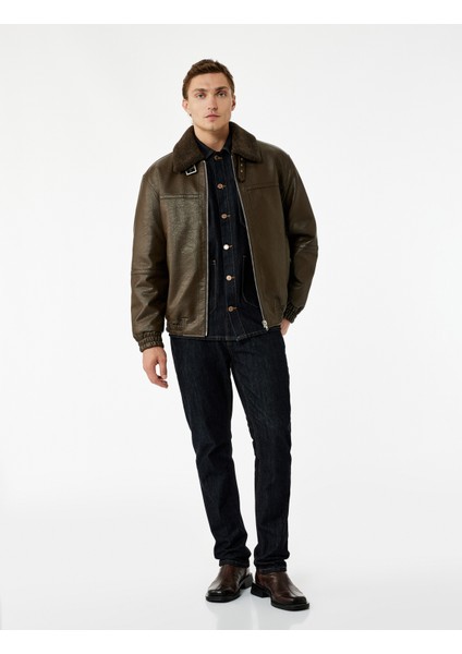 Peluş Yaka Cep Detaylı Uzun Kollu Fermuarlı Suni Deri Ceket fiyatları