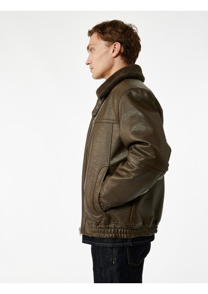 Peluş Yaka Cep Detaylı Uzun Kollu Fermuarlı Suni Deri Ceket modelleri