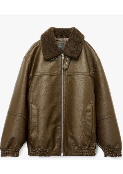 Peluş Yaka Cep Detaylı Uzun Kollu Fermuarlı Suni Deri Ceket fırsatları