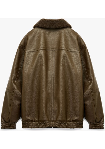 Peluş Yaka Cep Detaylı Uzun Kollu Fermuarlı Suni Deri Ceket indirimleri