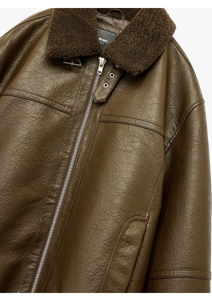 Peluş Yaka Cep Detaylı Uzun Kollu Fermuarlı Suni Deri Ceket