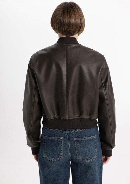 Kolej Yaka Çıtçıtlı Cepli Eskitme Suni Deri Bomber Ceket