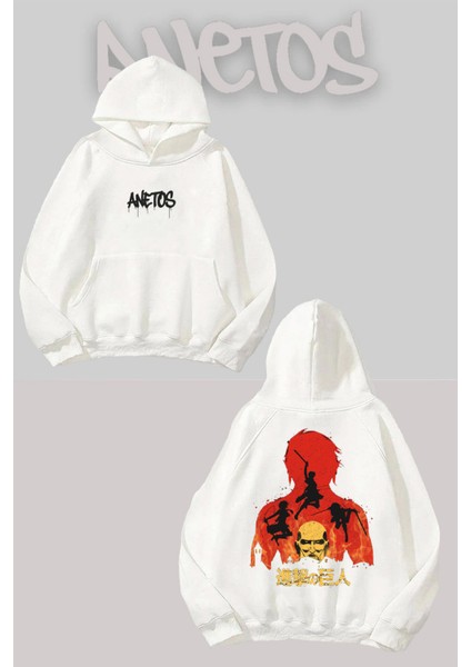 Shingeki No Kyojin Sırt Baskılı Beyaz Kapüşonlu Sweatshirt