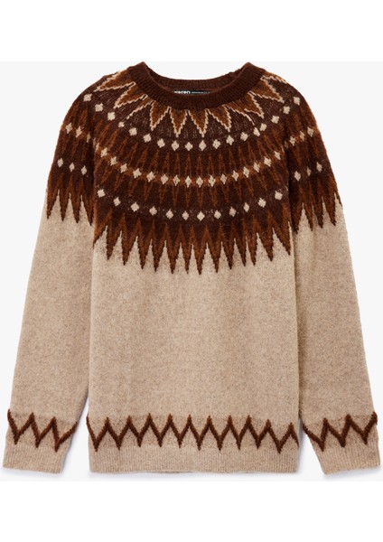 Bisiklet Yaka Uzun Kollu Desenli Triko Kazak