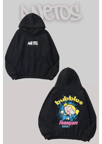 Bubbles Sırt Baskılı Siyah Kapüşonlu Sweatshirt