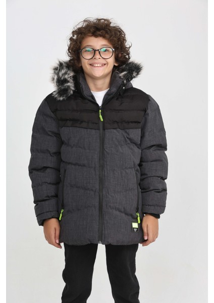 Erkek Çocuk Gri Kalın Su Itici Kürklü Kapüşonlu Kışlık Mont Kalıp, Cepli, Sıcak Tutan Şık Kaban