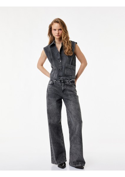 Metal Aksesuarlı Düğmeli Kolsuz Klasik Yaka Denim Yelek