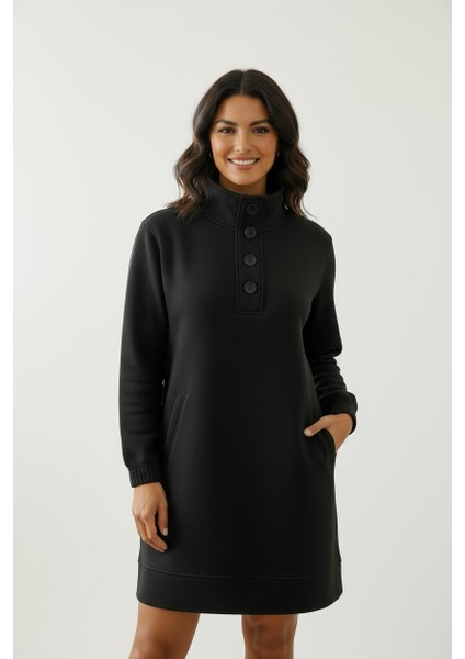 Üç Iplik Şardonlu Oversize Düğmeli Penye Elbise