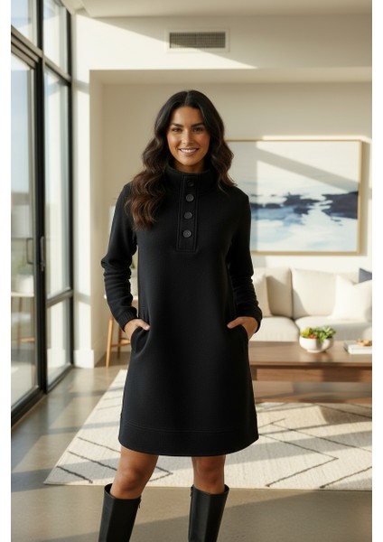 Üç Iplik Şardonlu Oversize Düğmeli Penye Elbise modelleri