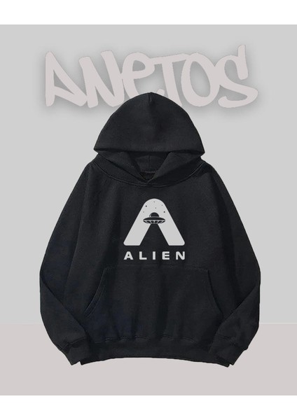 Alien 1 Tasarım Siyah Ön Baskılı Sweatshirt