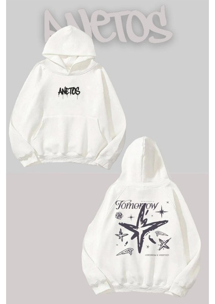 Txt 4 Sırt Baskılı Beyaz Kapüşonlu Sweatshirt
