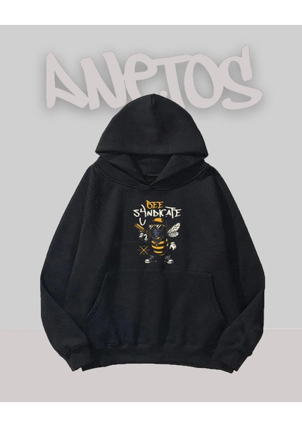 Bee Sandıcate Tasarım Siyah Ön Baskılı Sweatshirt