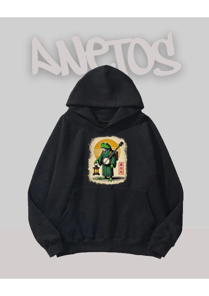 Bilge Kurbaga Tasarım Siyah Ön Baskılı Sweatshirt