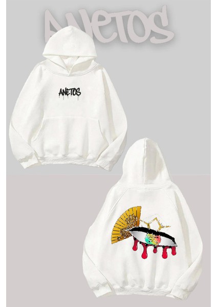 Yelpazeli Göz Sırt Baskılı Beyaz Kapüşonlu Sweatshirt
