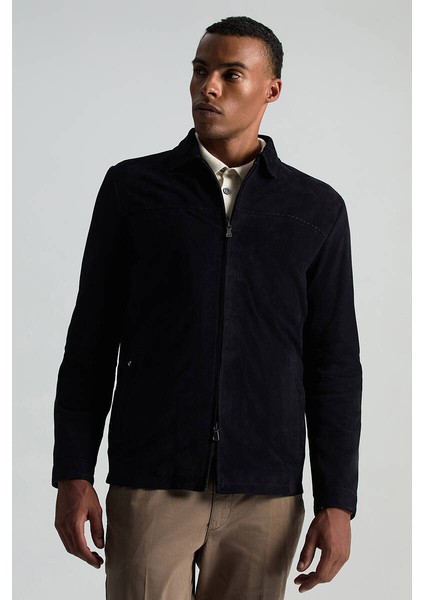 Doğal Süet Lacivert Deri Ceket