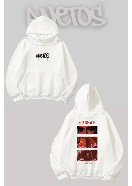 Scarface 1 Sırt Baskılı Beyaz Kapüşonlu Sweatshirt