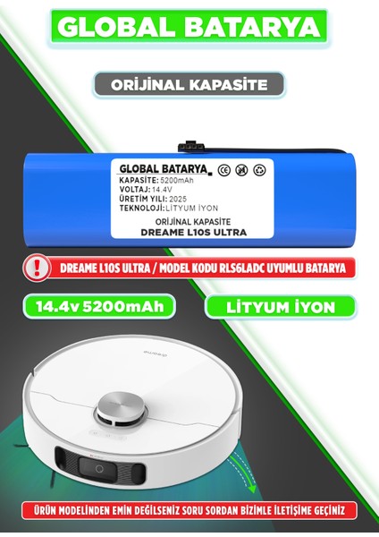 Dreame L10S Ultra Uyumlu Akıllı Robot Süpürge Bataryası 14.4V 5200MAH Li-Ion Pil (Orijinal Kapasite)