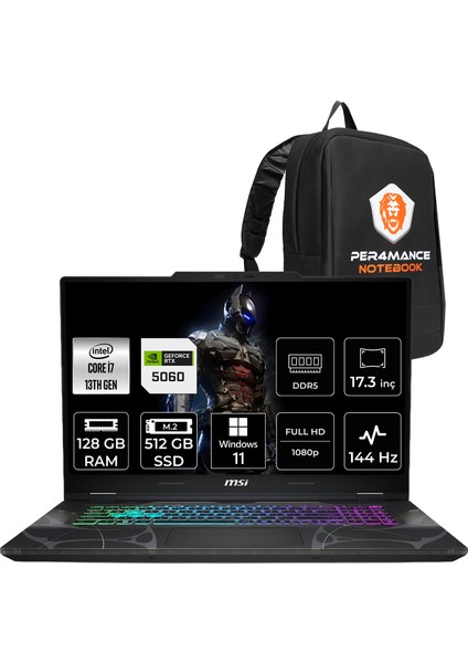 Msı Cyborg 17 Intel Core I7 13620H 128GB 512GB SSD RTX5060/8GB 17.3" Fhd 144Hz W11H Taşınabilir Bilgisayar & Per4 Çanta B13WFKG092XTRP397