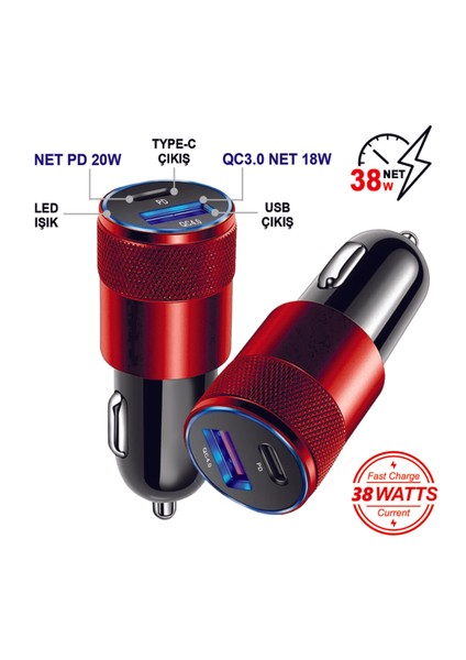 38W Pd+Usb Çift Portlu Qualcomm Qc 4.0 Hızlı Araç Şarj Cihazı MT-A1835