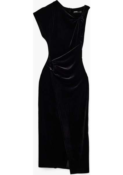 Slim Fit Asimetrik Yaka Düğüm Detaylı Kruvaze Kadife Elbise